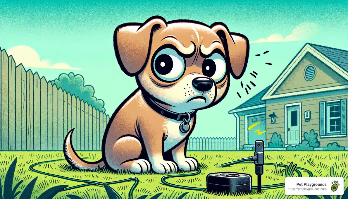 Illustration of a sad-looking cartoon puppy with large eyes sitting in a grassy yard, a broken leash nearby, and a house and wooden fence in the background. The image includes the text "Pet Playgrounds" and a website URL "https://staging.petplaygrounds.com".